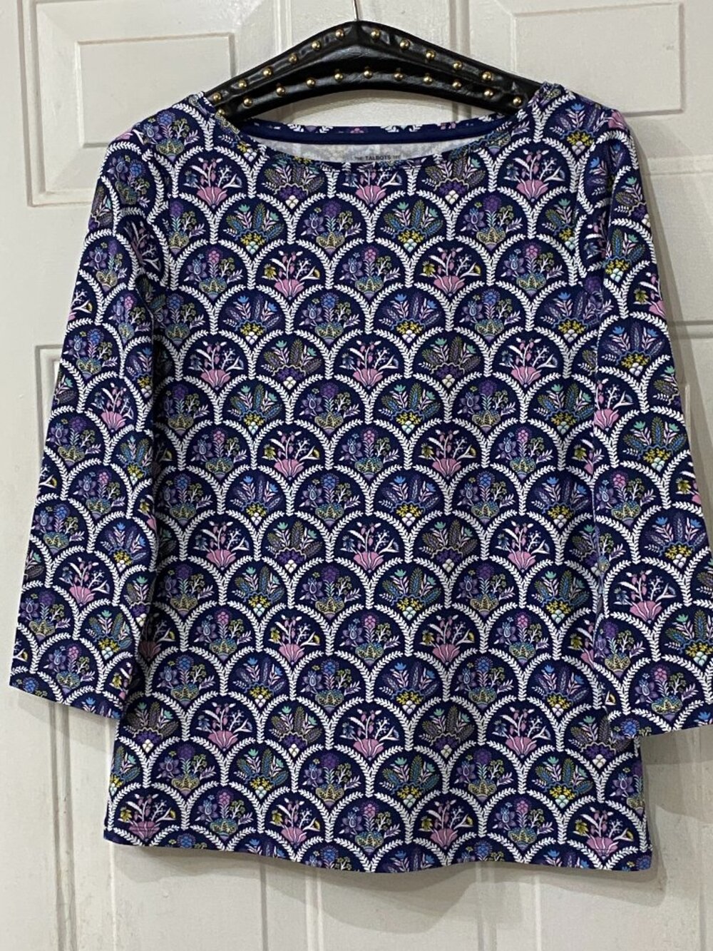 NEW Talbots Sz S Knit Top Tee 3/4 Sleeve Navy/Multicolor Floral Cotton Stretch